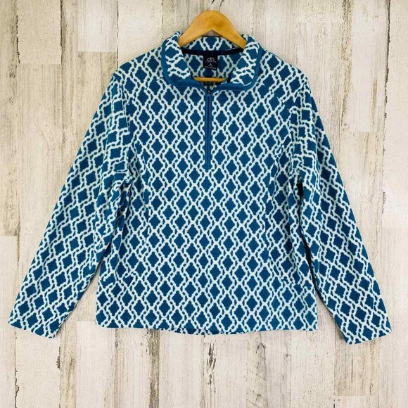 Lands End Pullover Fleece Sweatshirt Large 14-16 Teal Blue White Diamond 1/4 Zip - Picture 2 of 12